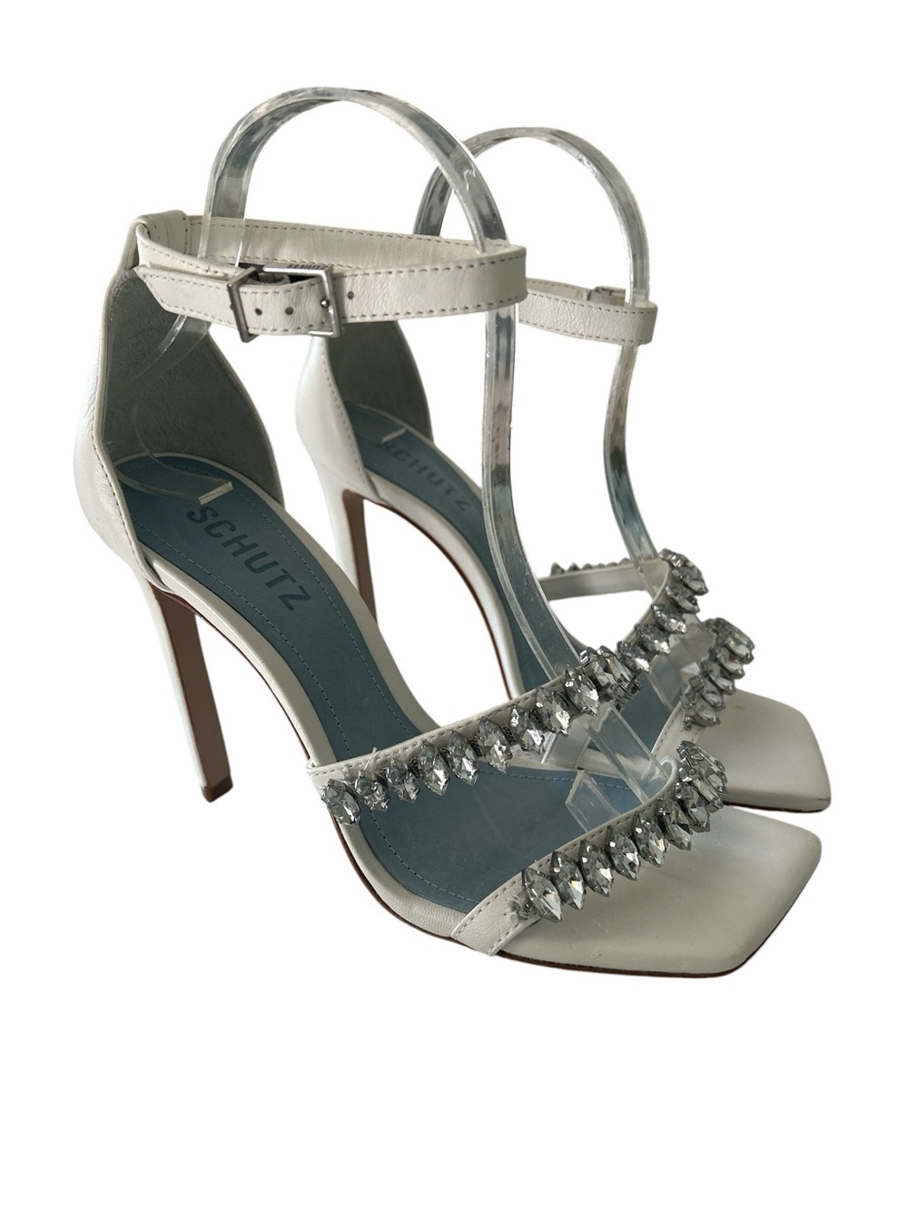 SCHUTZ Linsey White Leather Rhinestone Ankle Strap High Heel Stiletto Sandals 7 - Picture 5 of 13